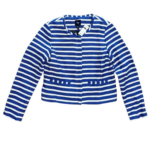 Gap Women Blue White Striped Collarless Zipper Front Jacket Blazer Size‎ 6 - Picture 2 of 8